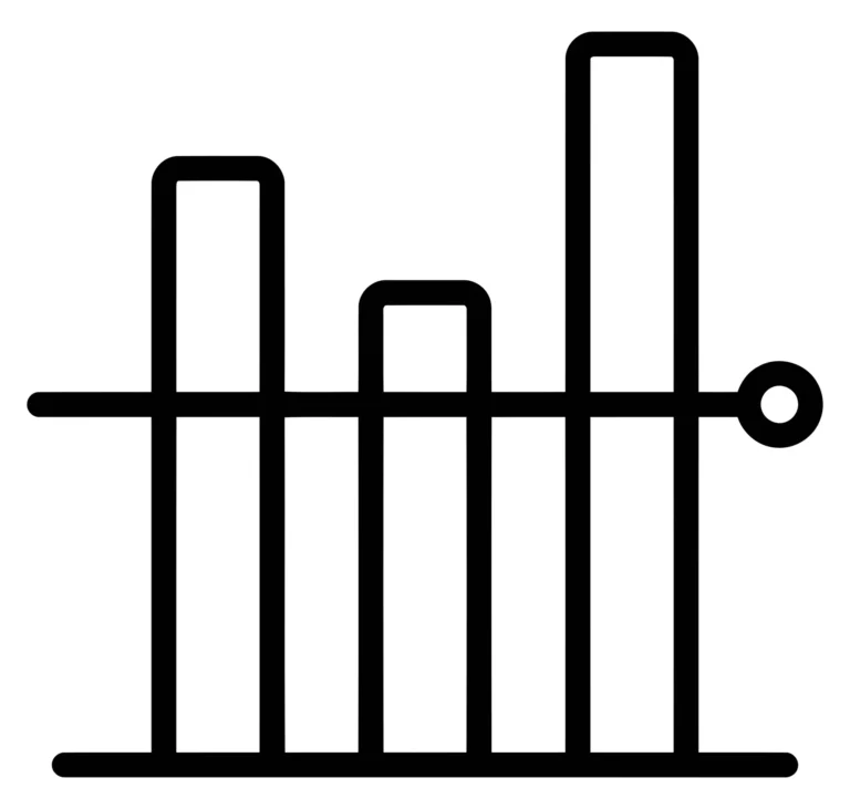 set of business and finance icons including bar chart with threshold line, horizontal bar chart with circular indicators, and data trend ana