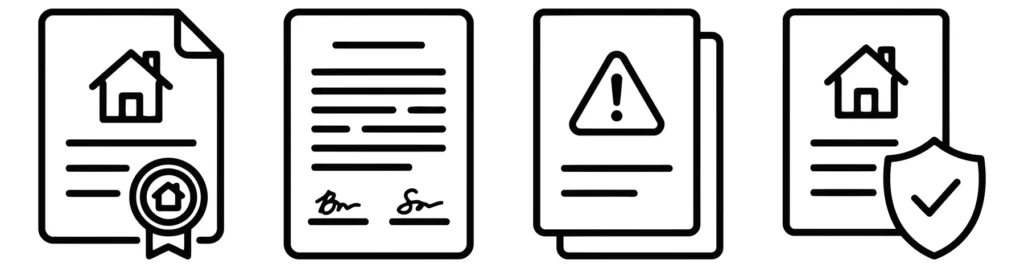 set of business and real estate document icons including contract, warning, and insurance policy symbols