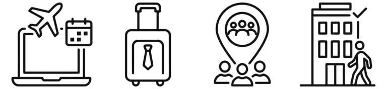 Business and Travel Icons Set with Flight, Luggage, Team, and Office