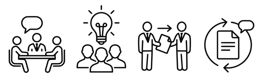 set of business communication and management line icons including meeting, brainstorming, knowledge transfer, and feedback loop