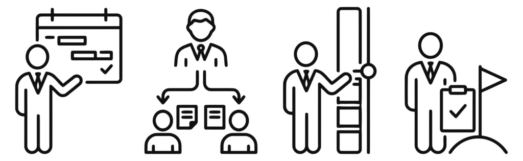 set of business management and project planning line icons including scheduling, delegation, progress tracking, and goal achievement