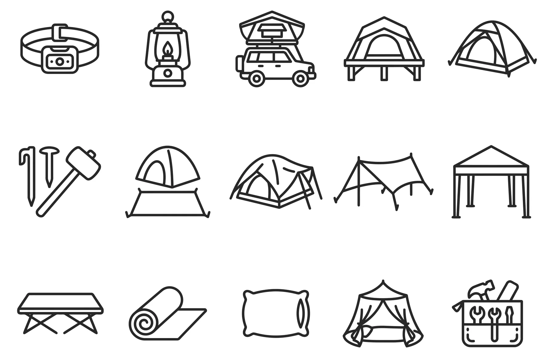 Camping and Outdoor Gear Icon Set in Line Art Style