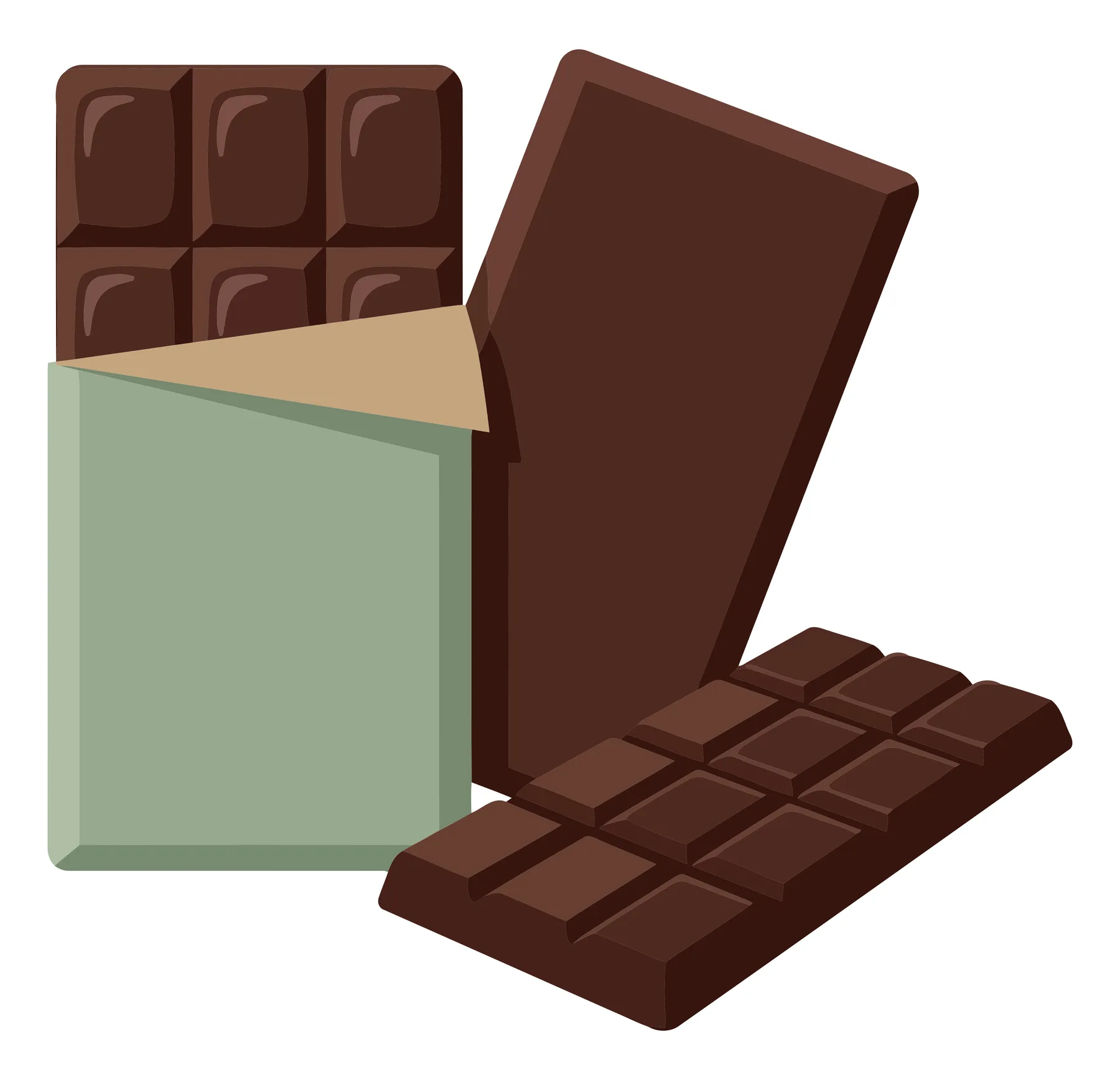 set of chocolate bars, including a wrapped bar and two unwrapped portions, depicted in a flat vector illustration style