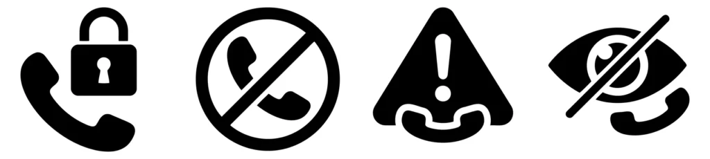 set of communication and phone icons including locked call, no calling, alert notification, and hidden contact, flat vector style