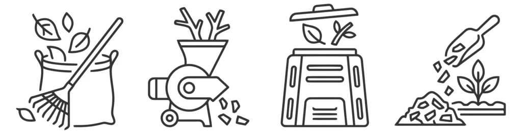 set of composting and garden waste management icons, including raking leaves, wood chipper, compost bin, and mulching