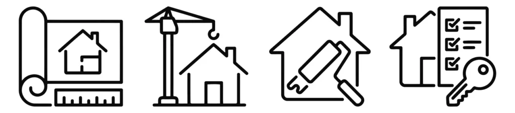 set of construction and real estate line icons including blueprint, crane, renovation, and property handover