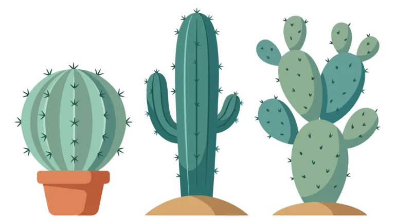 set of cute various cactus plants isolated on white background