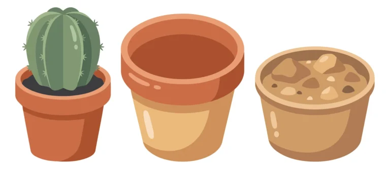 set of cute vector illustrations of a potted round cactus, an empty terracotta pot, and a pot with soil