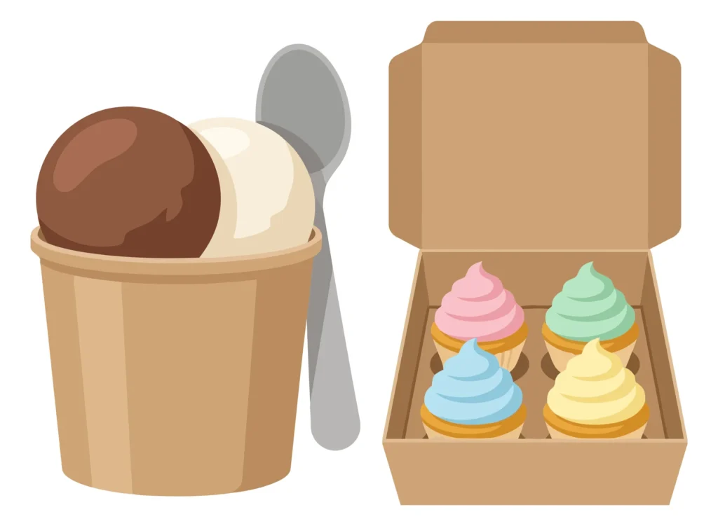 set of delicious desserts including a cup of chocolate and vanilla ice cream with a spoon and a cardboard box containing four colorful cupca