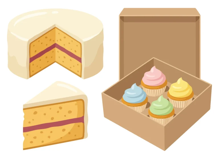 set of delicious desserts including a whole cake with a slice removed, a single slice of cake, and a box of four colorful cupcakes with fros