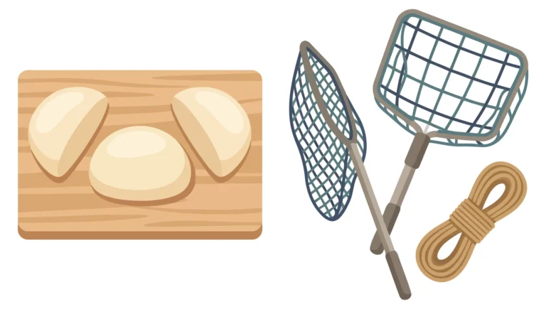 set of dough balls on wooden cutting board, fishing nets and coiled rope isolated on white background