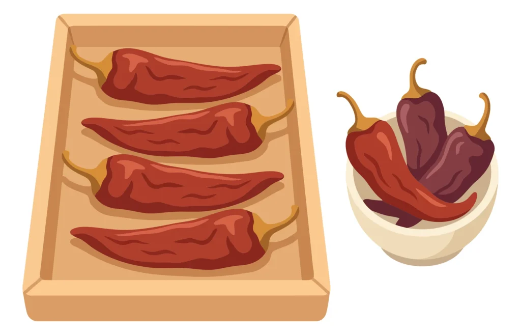 set of dried red chili peppers on a wooden tray and in a small ceramic bowl, traditional spicy seasoning ingredient for cooking, flat vector