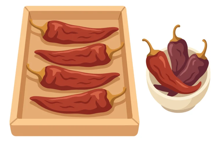 set of dried red chili peppers on a wooden tray and in a small ceramic bowl, traditional spicy seasoning ingredient for cooking, flat vector