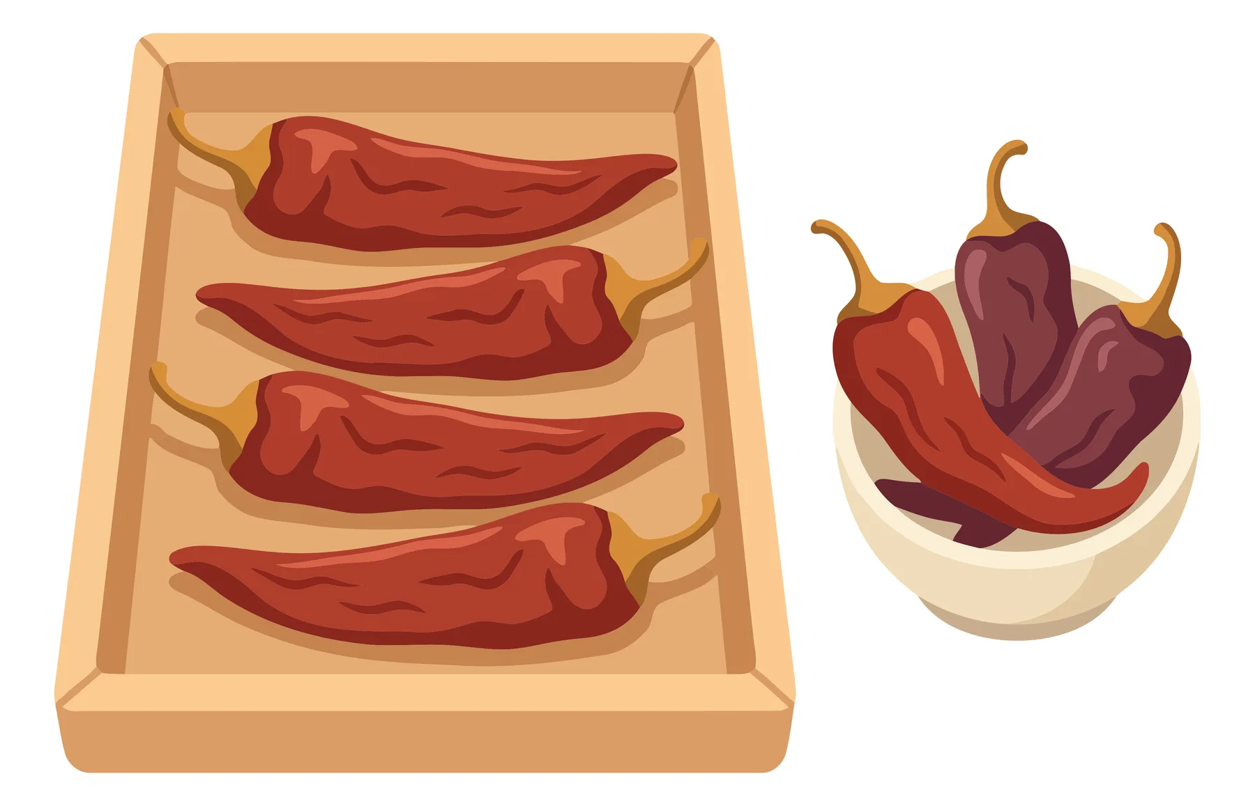 set of dried red chili peppers on a wooden tray and in a small ceramic bowl, traditional spicy seasoning ingredient for cooking, flat vector