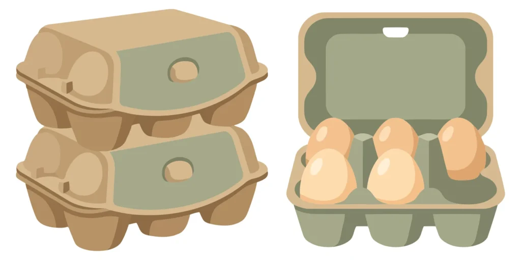 set of egg cartons, two stacked closed boxes and one open container with five eggs inside, vector illustration