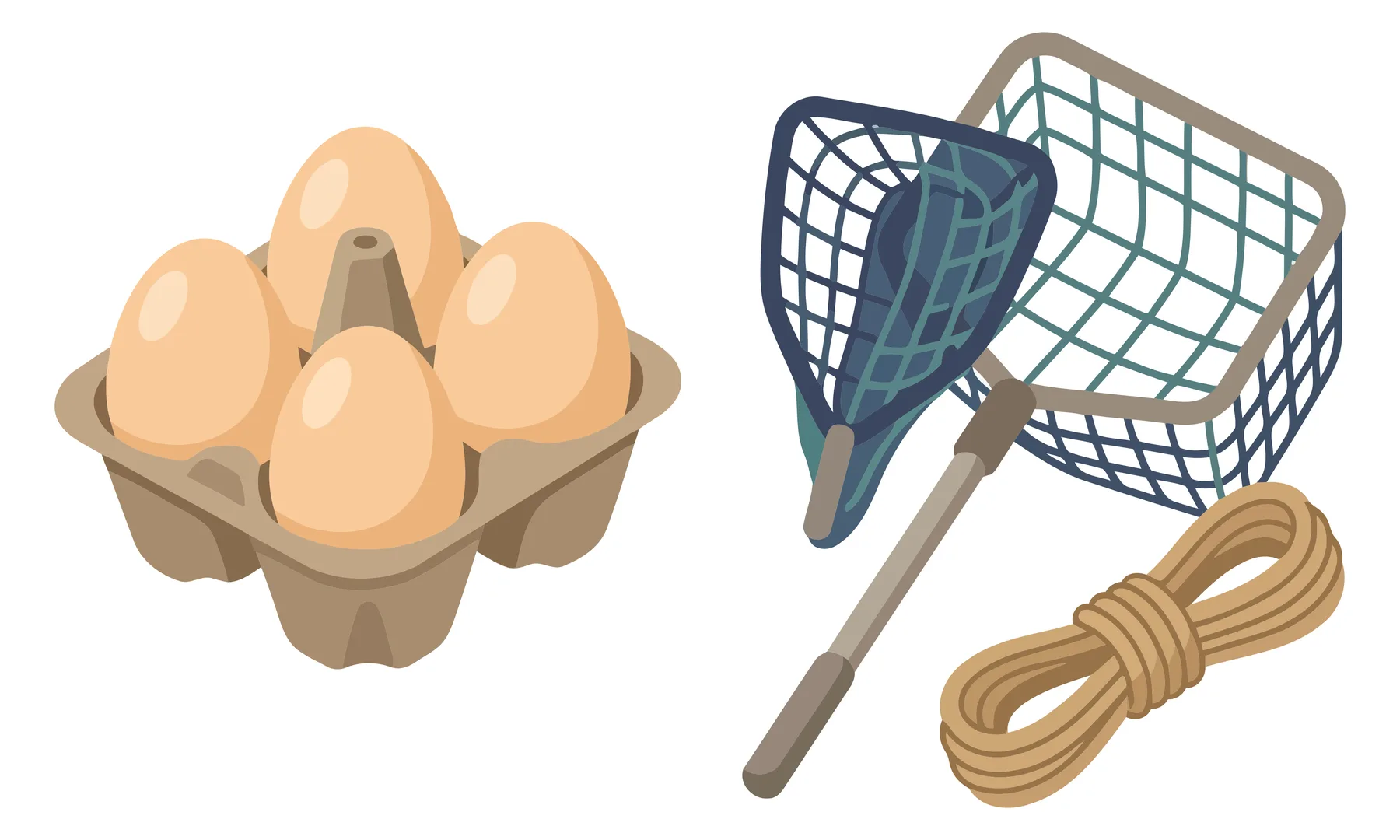 set of farm and fishing equipment including a carton of four eggs, a handheld fishing net, and a coil of rope, illustrated in an isometric s