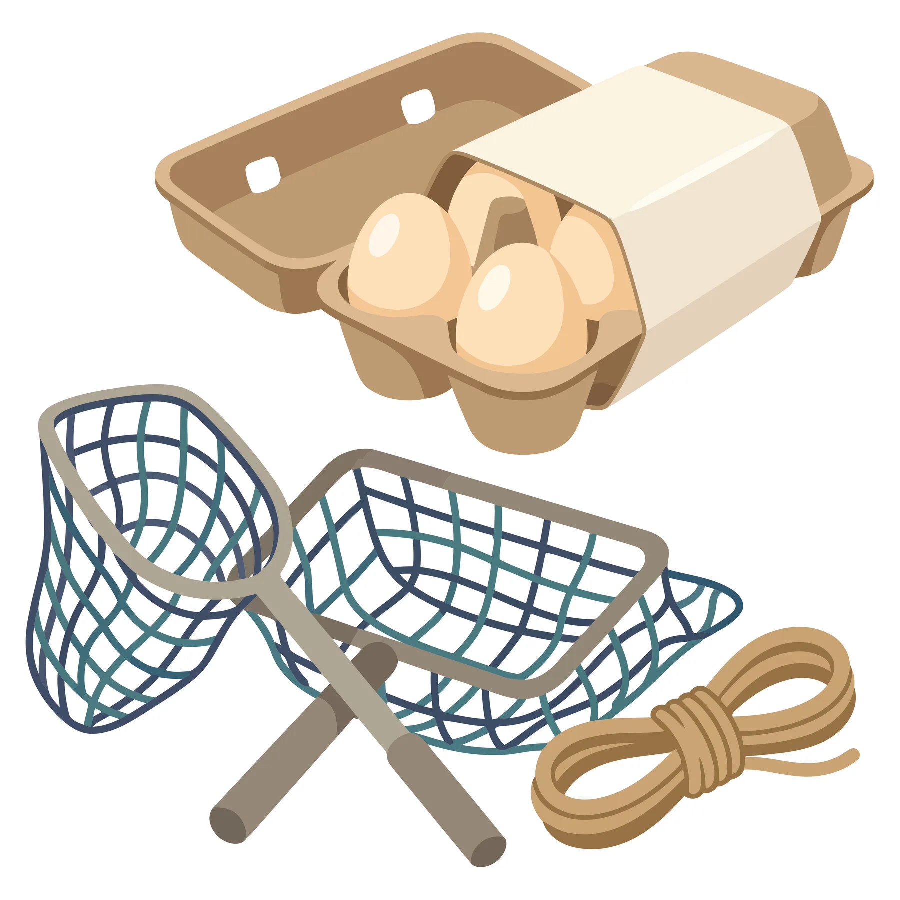 set of farming and fishing equipment including a carton of fresh eggs, two handheld nets, and a coil of rope, illustrated in a flat vector s