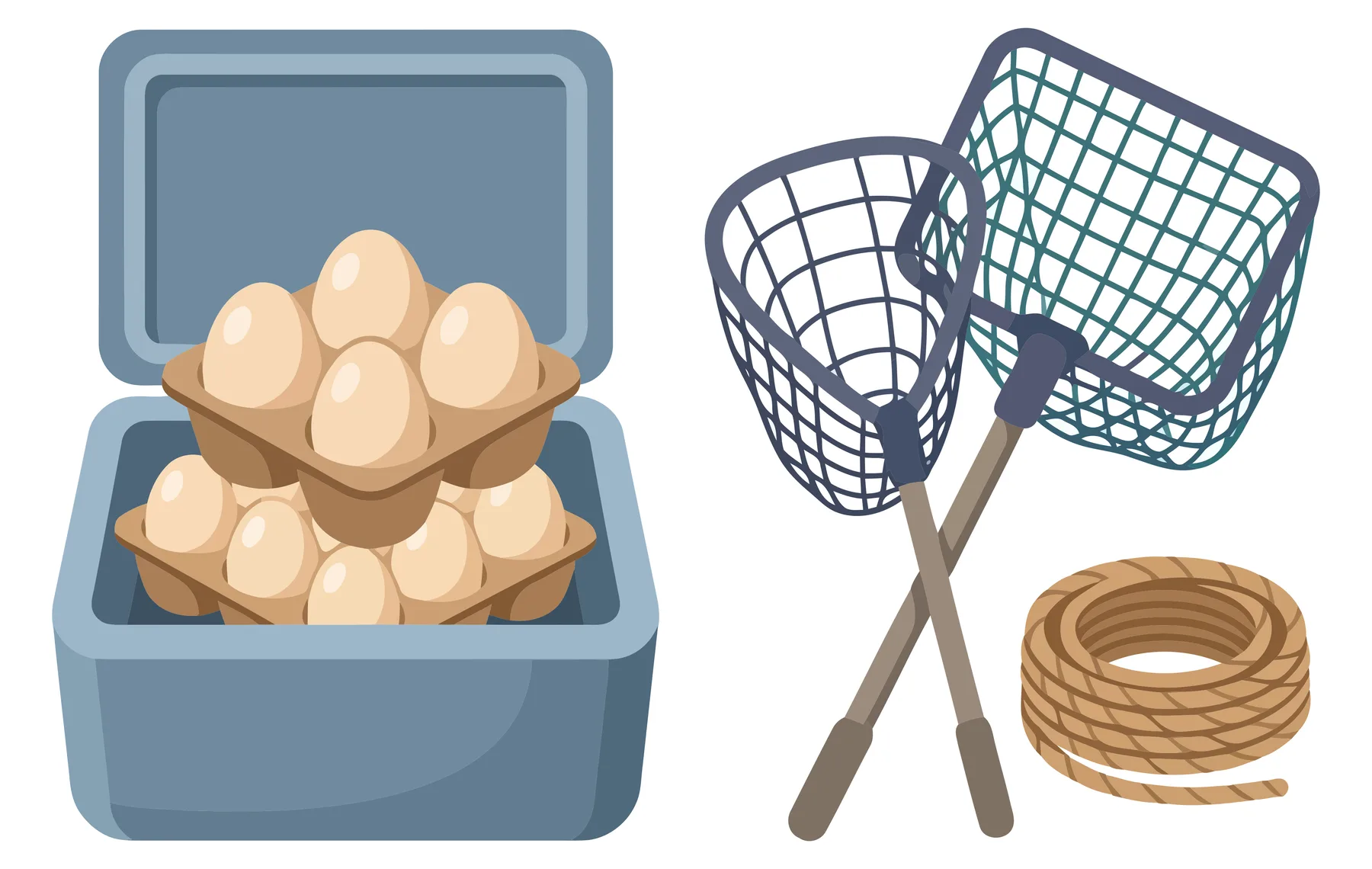 set of fishing equipment including a cooler box with eggs, two landing nets, and a coil of rope, vector illustration