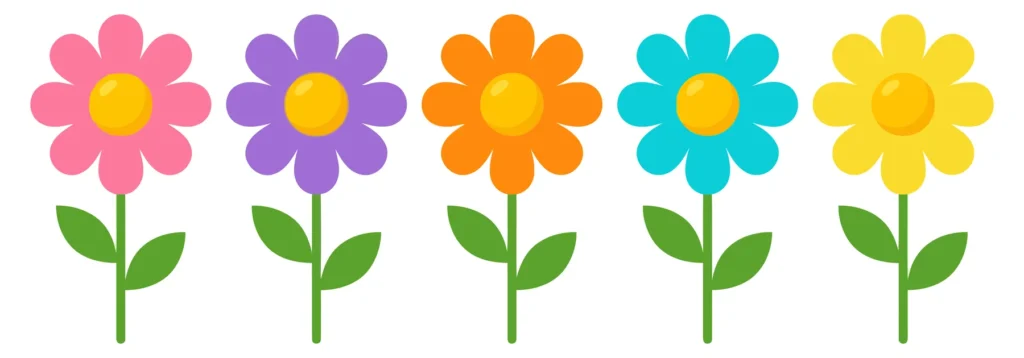 set of five colorful cartoon flowers with green stems and leaves