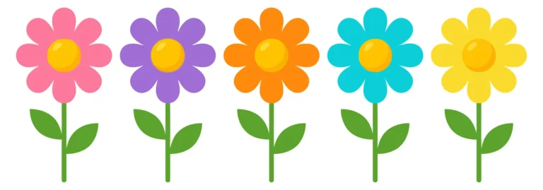 Colorful Cartoon Flowers with Green Stems and Leaves