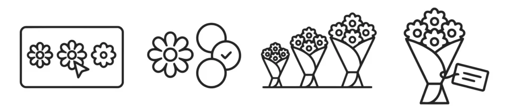 set of florist and online flower shop icons including selection, size options, and gift wrapping with tag, vector illustration style
