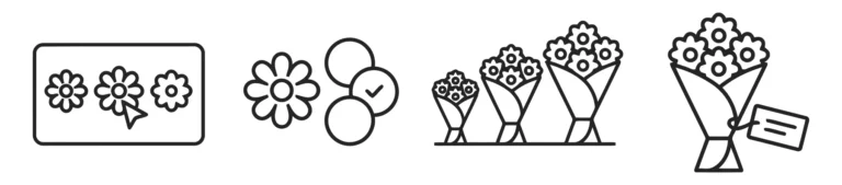 set of florist and online flower shop icons including selection, size options, and gift wrapping with tag, vector illustration style