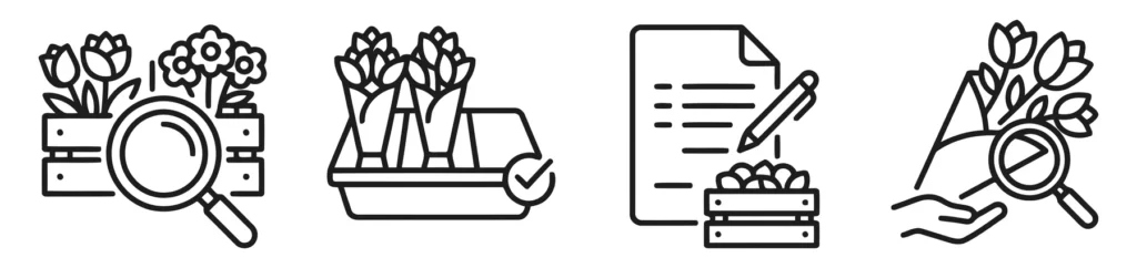 set of flower quality control and inspection icons featuring magnifying glasses, bouquets, and documentation