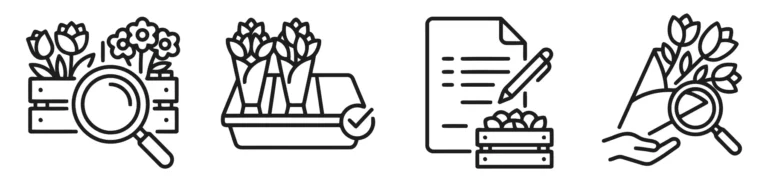 set of flower quality control and inspection icons featuring magnifying glasses, bouquets, and documentation