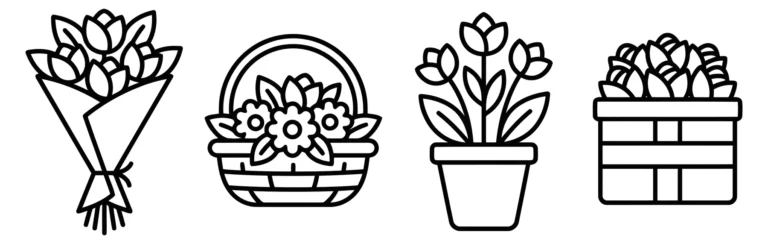 set of flower shop icons including bouquets in paper wrapping, floral arrangements in baskets, and potted plants, vector illustration style
