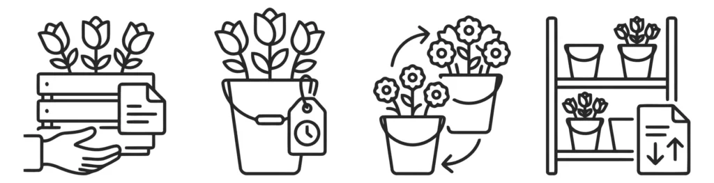 set of flower shop icons including inventory management, floral delivery, bucket with tag, and stock rotation