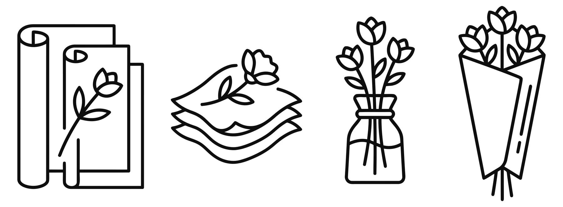 Floral Shop Icon Set with Wrapping Paper and Bouquets