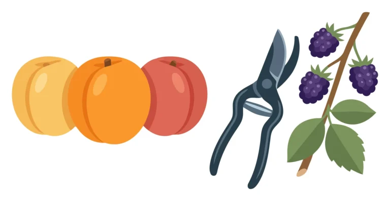 set of fresh peaches and a branch of ripe blackberries with garden shears isolated on white background