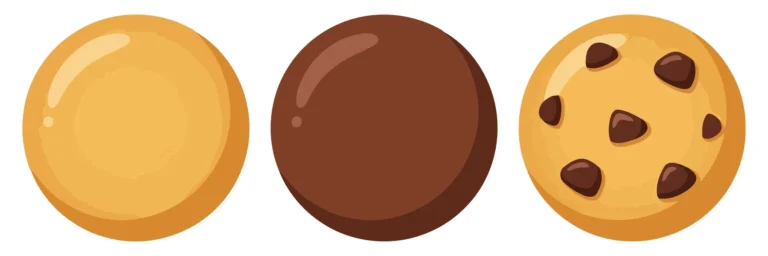 set of freshly baked round cookies, including plain, chocolate, and chocolate chip variants