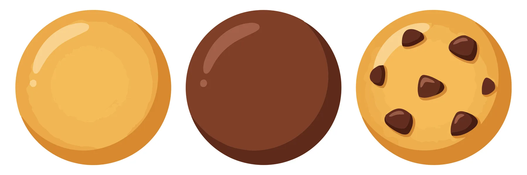 set of freshly baked round cookies, including plain, chocolate, and chocolate chip variants