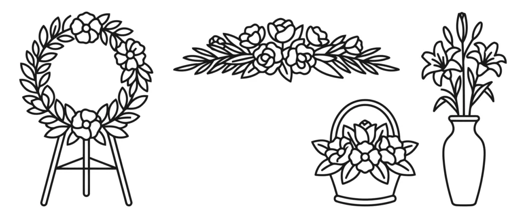 set of funeral flower arrangements including a wreath on a stand, a casket spray, a basket, and a vase with lilies