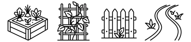 set of garden elements icons including raised garden bed, trellis, picket fence, and path, line art style