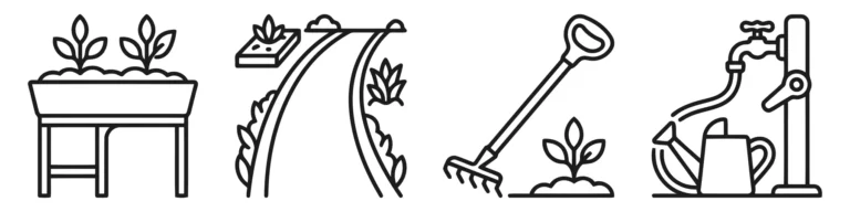 set of garden maintenance icons including raised bed, path, rake, and watering station