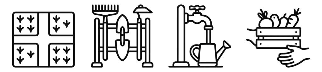 set of gardening and farming icons featuring garden beds, tool storage, water supply, and harvest