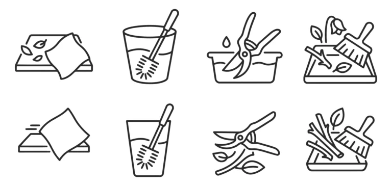 set of gardening and flower care icons including cleaning tools, pruning shears, and maintenance equipment, linear vector illustration