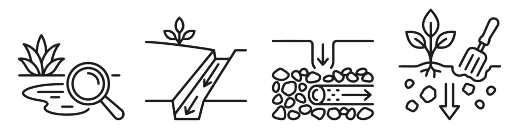 set of gardening and landscaping icons including soil inspection, drainage, irrigation, and planting, linear vector illustration