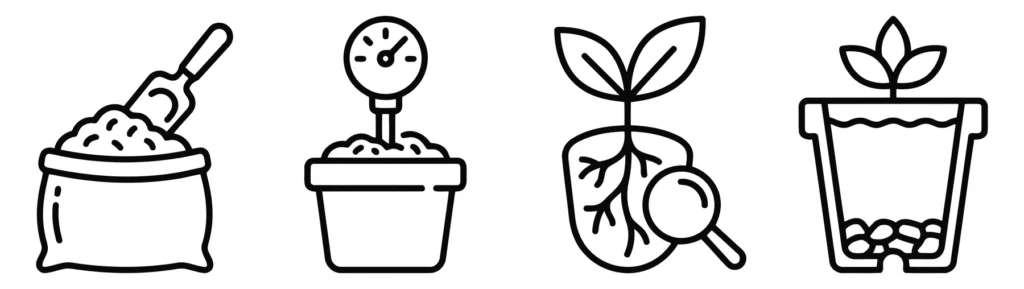 set of gardening and plant care icons including soil bag, moisture meter, root inspection, and potted plant