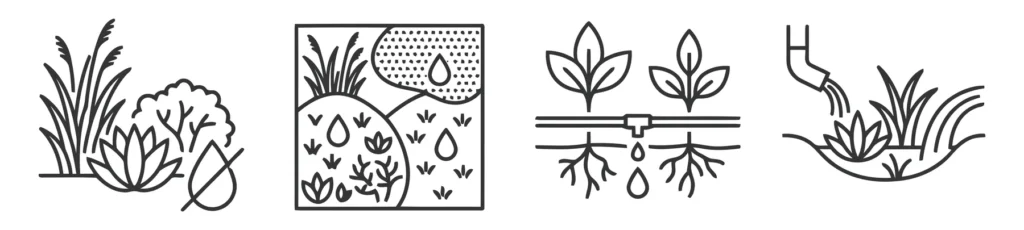set of gardening and plant care icons including watering, irrigation, and plant maintenance symbols