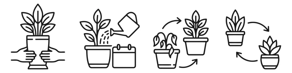 set of gardening and plant care line icons showing planting, watering, growth cycles, and maintenance tasks for indoor plants
