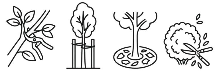 set of gardening and tree care icons featuring pruning, planting, and maintenance