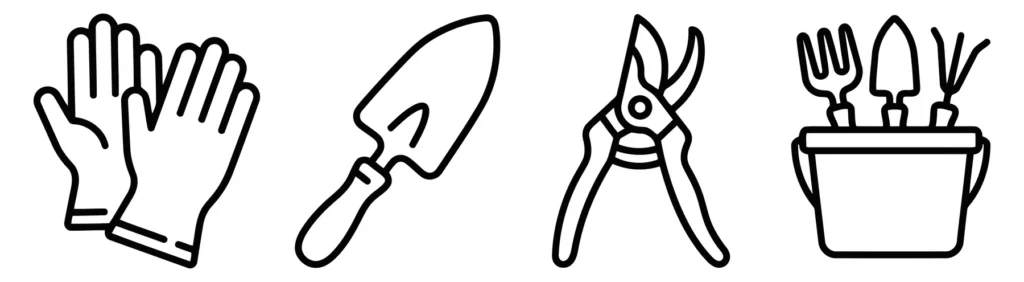 set of gardening equipment icons including gloves, trowel, and shears