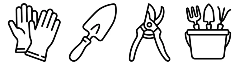 set of gardening equipment icons including gloves, trowel, and shears
