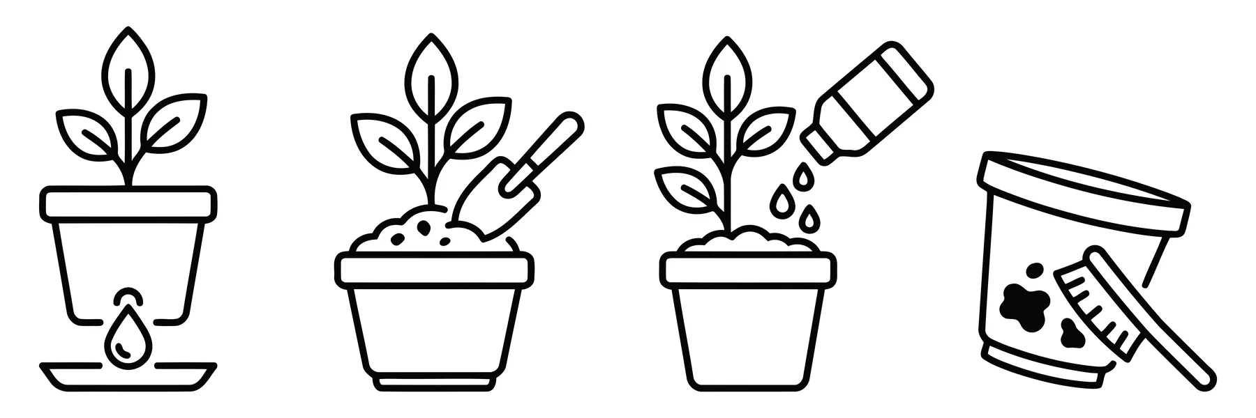Gardening Icons Set with Potted Plants and Tools
