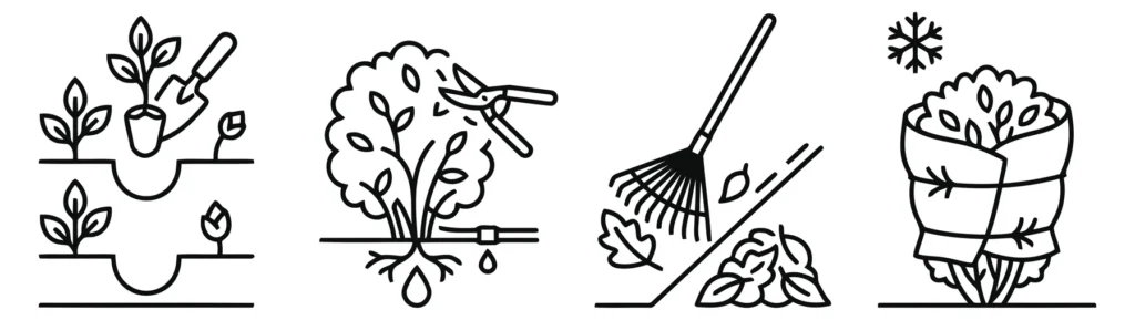 set of gardening icons including planting, pruning, raking leaves, and protecting plants from frost