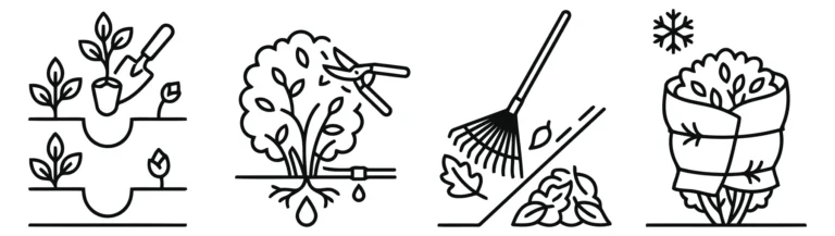 set of gardening icons including planting, pruning, raking leaves, and protecting plants from frost