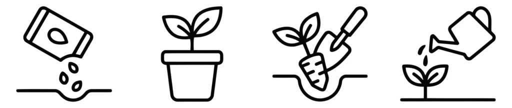 set of gardening icons showing planting seeds, potted plant, transplanting seedling, and watering young sprout